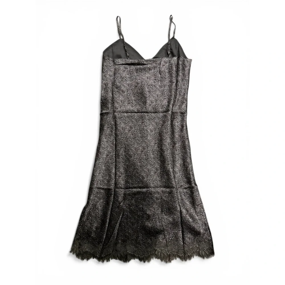 Gold Hawk Chloe Silk Slip Dress Taupe Stained Glass‎ Print Lace Hem Sz Small